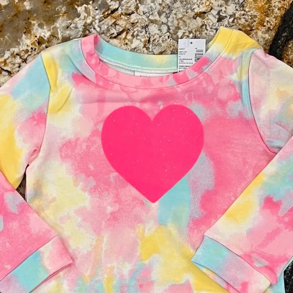 NWT Children's Place Pink Tie Dye W/Glitter Heart Jogger/Top Outfit